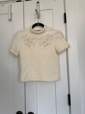 Zara Fuzzy Short Sleeve Sweater with Pearls